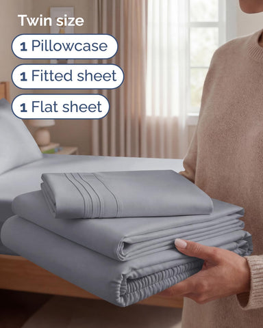 Twin Size 3 Piece Sheet Set - Breathable & Cooling Sheets - Steel Blue