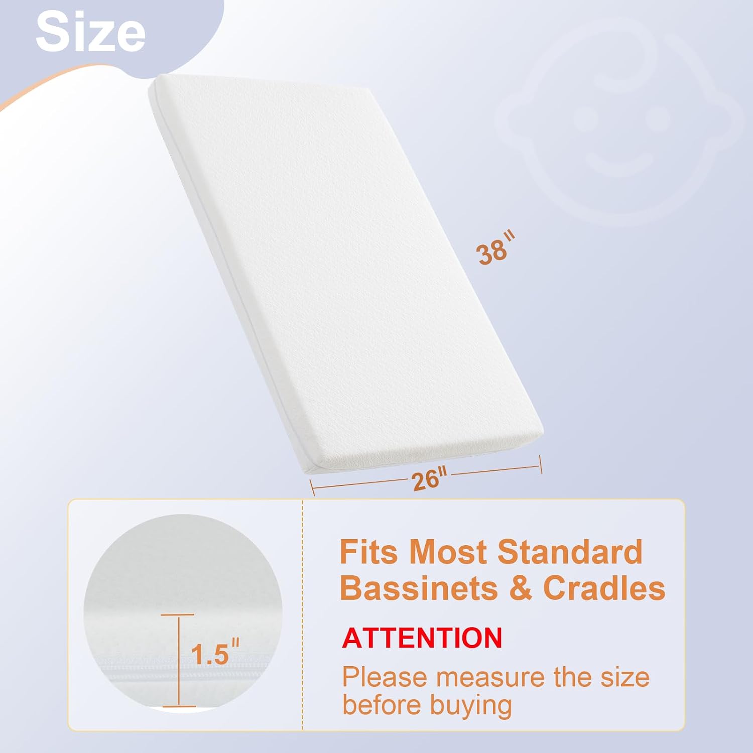 NeoBorn Baby Bassinet Mattress Pad, 38 x 26 Inch, Dual-Sided Foam