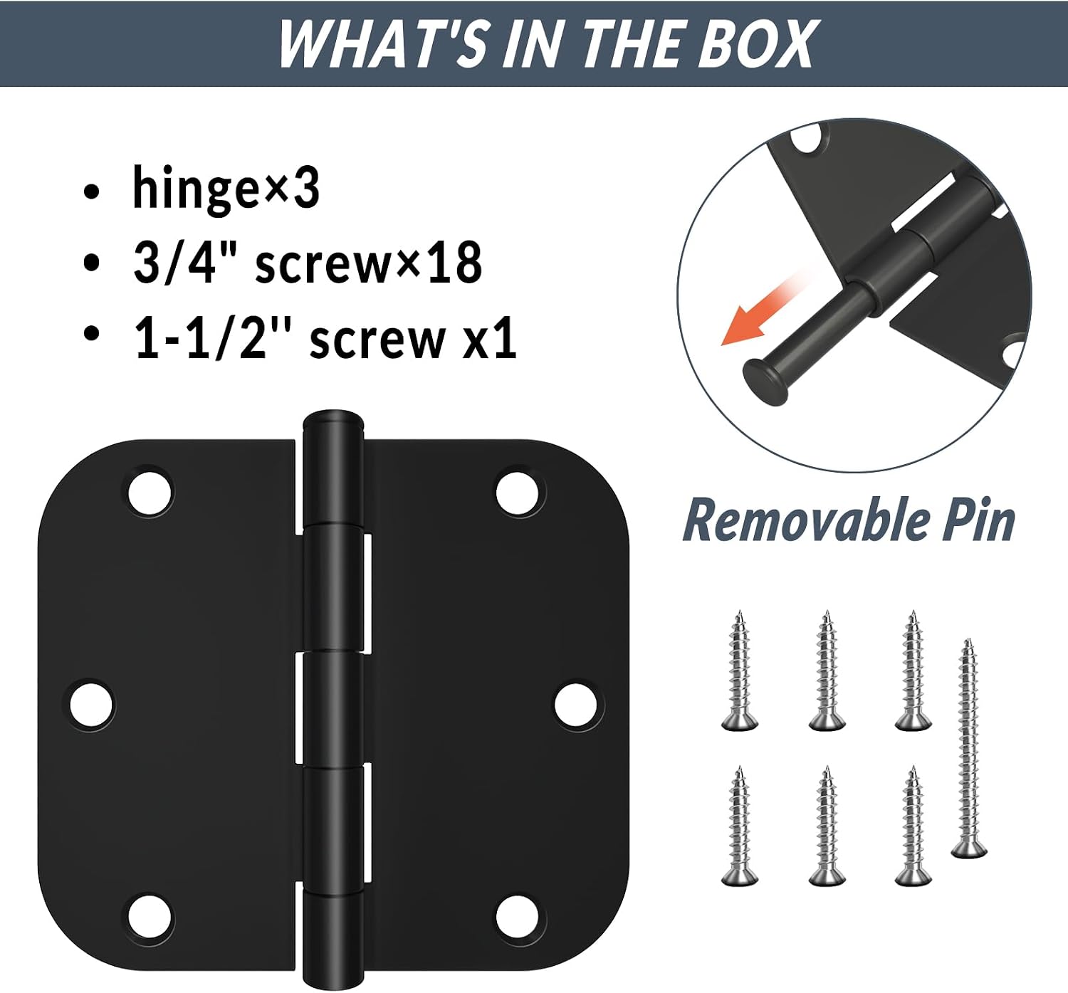 HOSOM 3 Pack Rounded Matte Black Door Hinges 3.5 x 3.5 inch with 5/8 Radius, Black 3 1/2 Interior Door Hinges, Flat Iron Bifold Residential Standard 3 ½"x 3 ½" Black Door Hardware