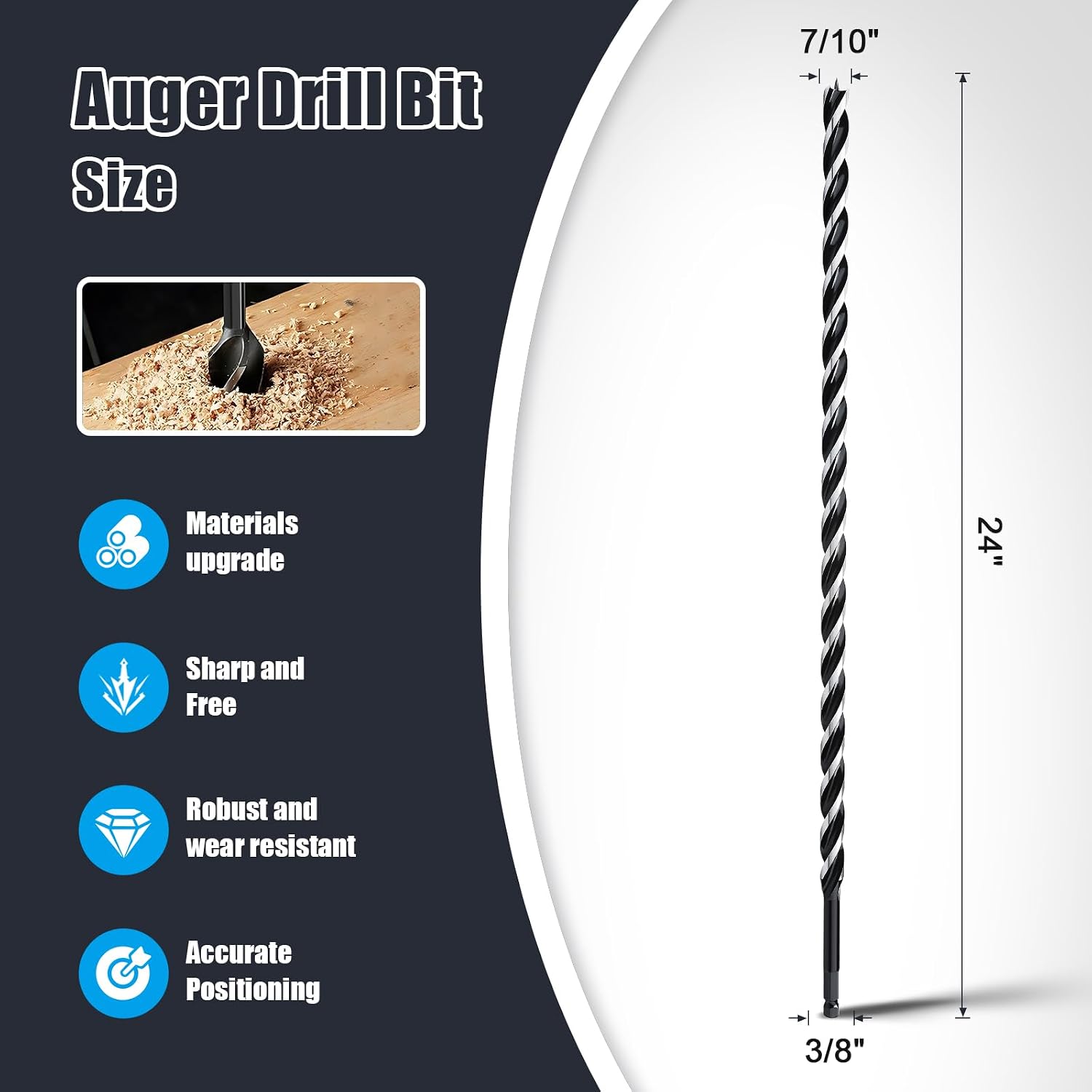 7/10" x 24" Auger Drill Bit for Wood,Hex Shank Tri Flute Drill Bit