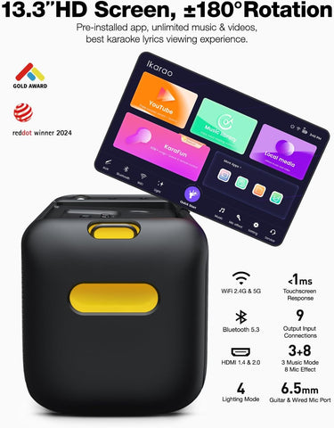 Ikarao Karaoke Machine for Adults with Lyrics Display, Built-in 13.3" Screen, Truly All in One Karaoke Machine with 2 Wireless Microphone (Hidden & Self Charging), 460W Bluetooth Speaker for Party, TV