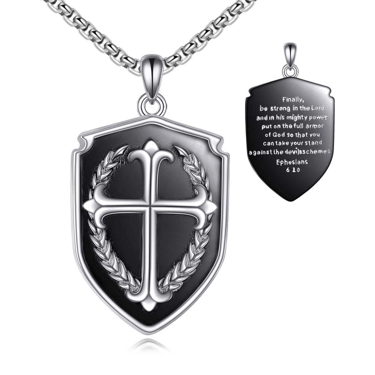 KQF Cross Shield Necklace 925 Sterling Silver Bible Verse Pendant Jewelry Gift for Men Women Ephesians 6:10 (Ephesians 6:10)