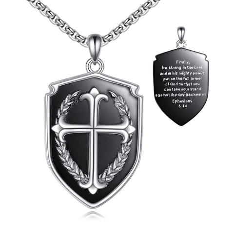 KQF Cross Shield Necklace 925 Sterling Silver Bible Verse Pendant Jewelry Gift for Men Women Ephesians 6:10 (Ephesians 6:10)