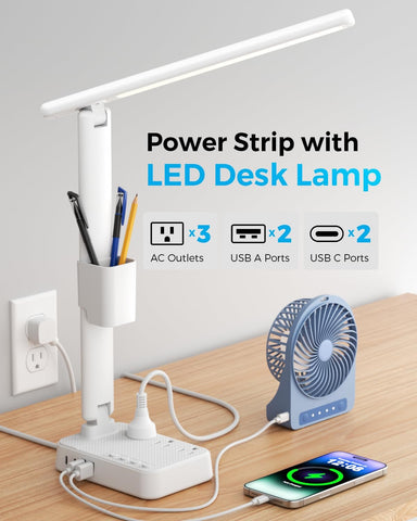 LED Desk Lamp with Power Strip, 3 AC Outlets, 4 USB Ports, Stepless Dimming