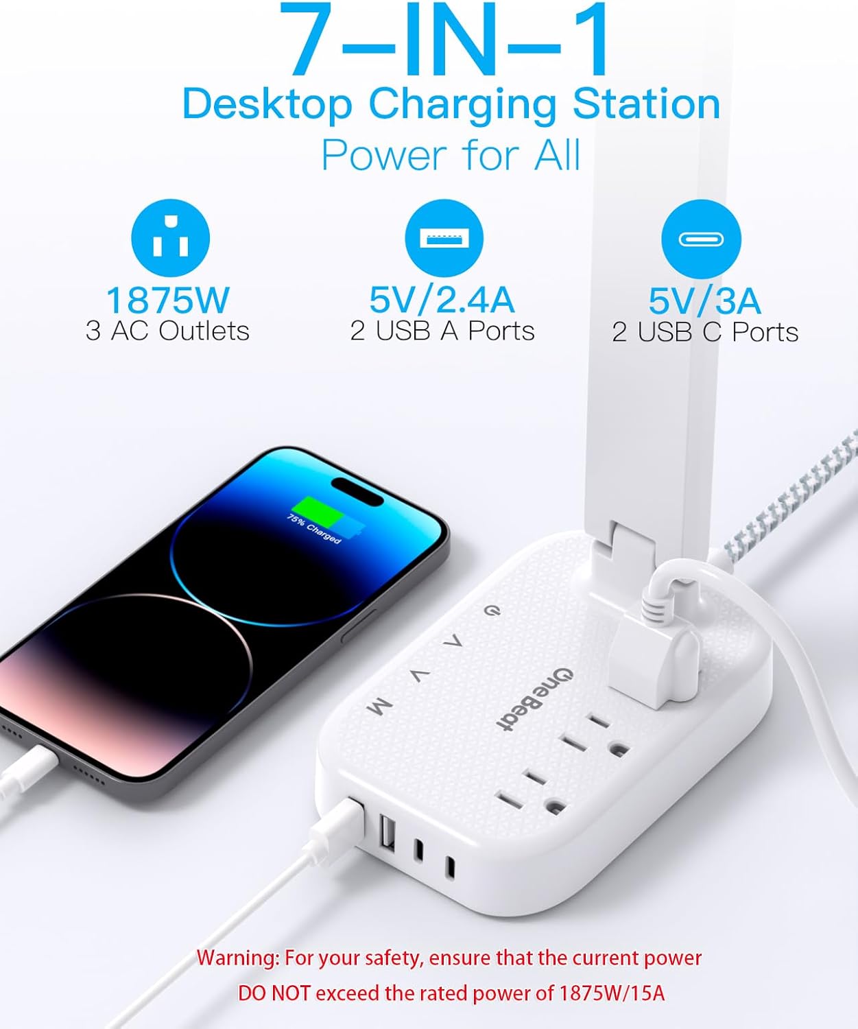 One Beat Small LED Desk Lamp Power Strip 5ft Extension Cord with 3 Outlets 4 USB Ports(2 USB C), 4 Modes, 5 Level Touch Lamp Study Reading Light, Home Office Bedroom College Dorm Room Essentials,White