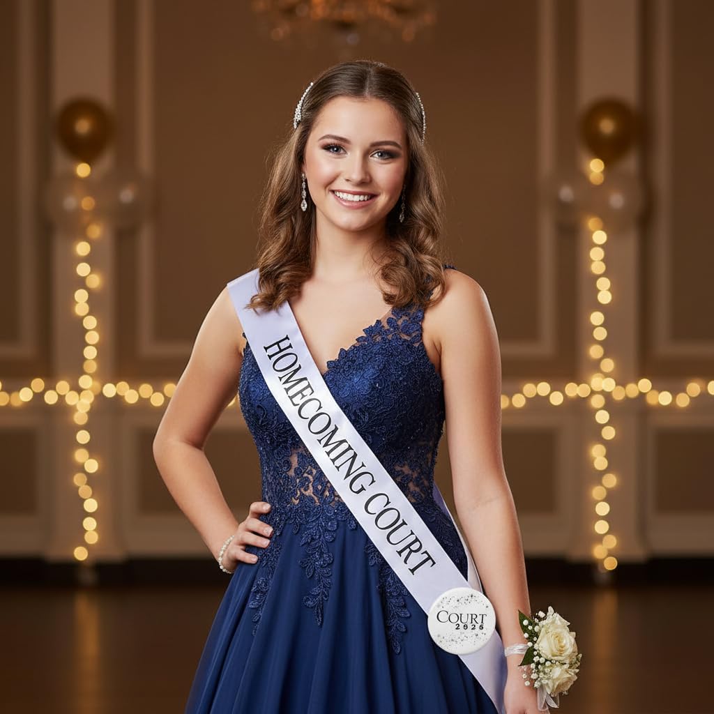 Anderson's Homecoming Court 2026 Set with White & Black Satin Sash, White Keepsake Button, High School Sash and Button for Homecoming Court, School Dance, Parade, Costume, Event, 2 Piece Set