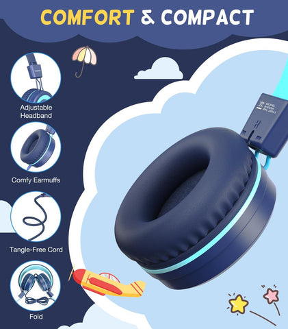 Cowyawn USB Type C Kids Headphones for School, Wired Toddler Headphones, 94dB Volume Limited, HD Stereo Sound, Foldable Lightweight On-Ear Wired Headphones for Kids/Children/Teens/Boys (Dark Blue)