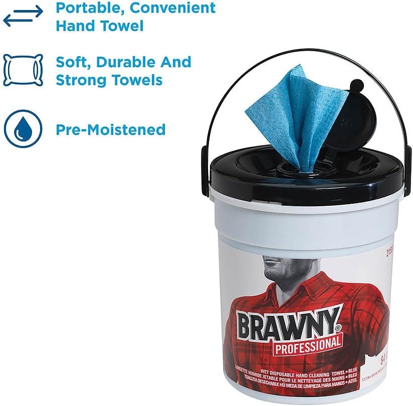 Georgia-Pacific Brawny Professional Disposable Wet Hand Cleaning Towel by GP PRO (Georgia-Pacific), 21501, Blue, 84 Towels Per Bucket, 6 Buckets Per Case, Towel (WxL) 8.6" x 12.2"