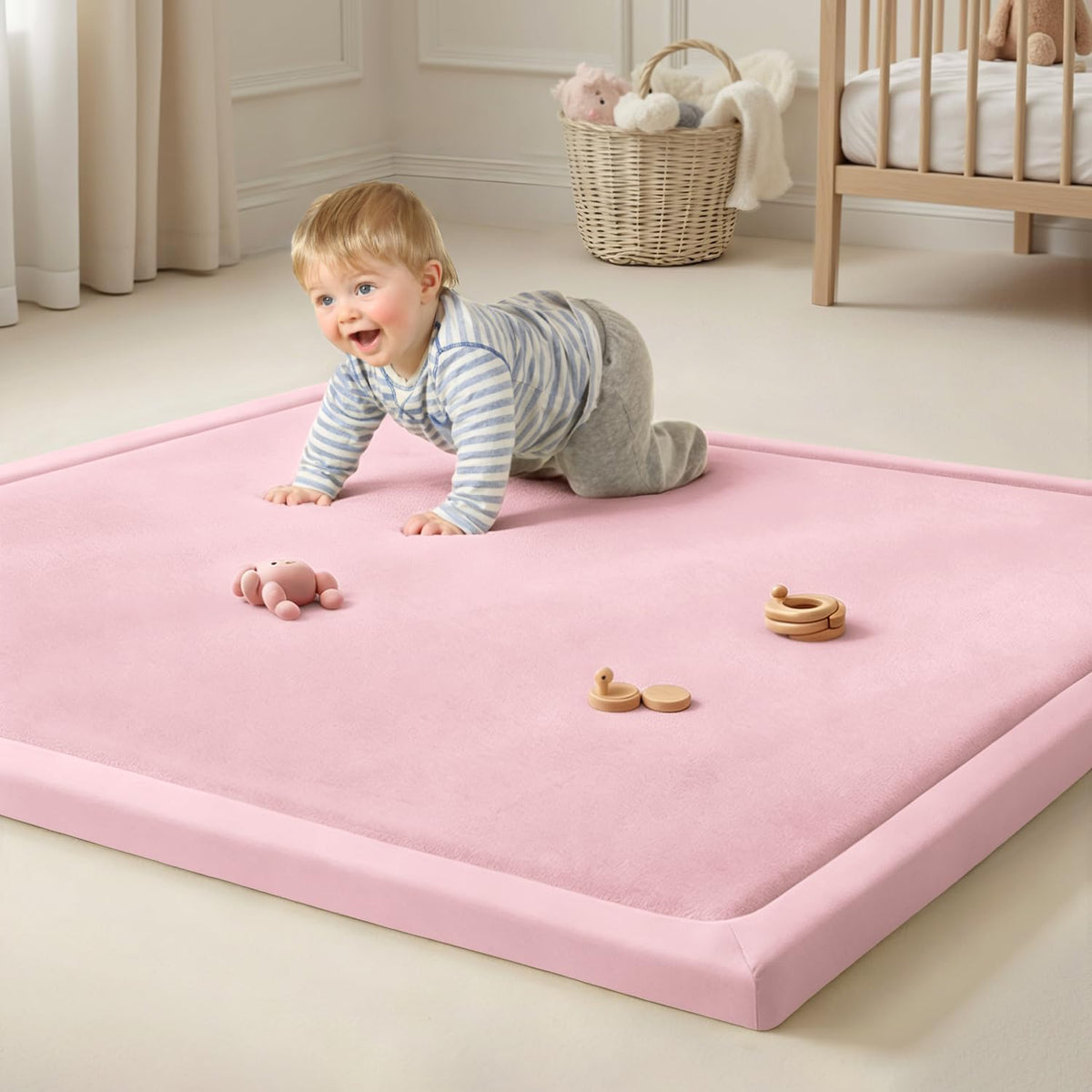Goyuu Ultra Soft 1.3" Thick Baby Play Mat for Floor, 50x50 Playpen Mat Elasti-Foam Padded Crawling Mat for Babies, Toddlers, Infant, Kids, Non-Slip Backing Safe for Tummy Time Pink