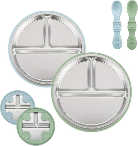 PandaEar 2 Pack Stainless Steel Baby Suction Plates with 2 Pack Spoons