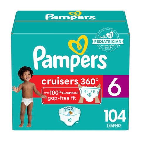 Pampers Cruisers 360 Diapers - Size 6, One Month Supply (104 Count), Pull-On Disposable Baby Diapers, Gap-Free Fit