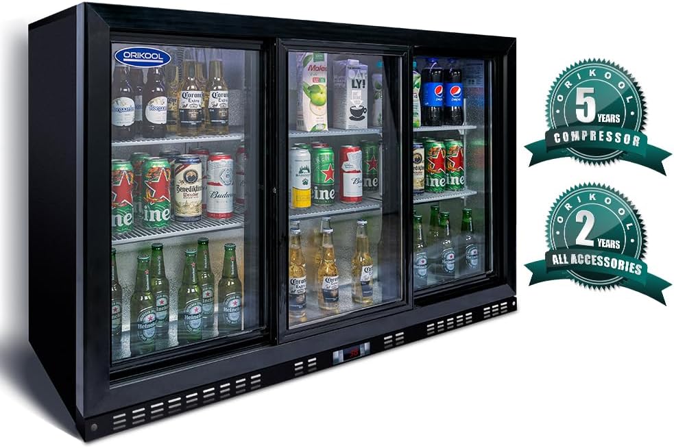 Back Bar Cooler - 480 Can Capacity Beverage Refrigerators, 3 Sliding Glass Doors, LED Lighting, Adjustable Shelves, Safety Door Lock, Perfect for Bars, Restaurants & Home