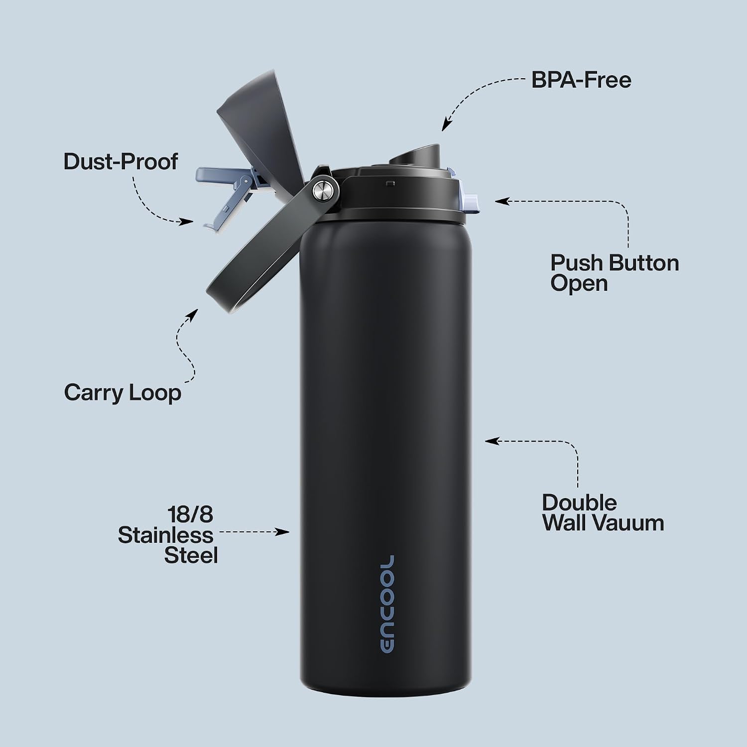 ENCOOL Insulated Water Bottle with Straw Stainless Steel Water Bottle with Push Button Lid, Leak-Proof & BPA-Free, Keeps Cold for 24 Hours for Sports, Travel, Gym (32 oz, Tuna Grey-Silver)
