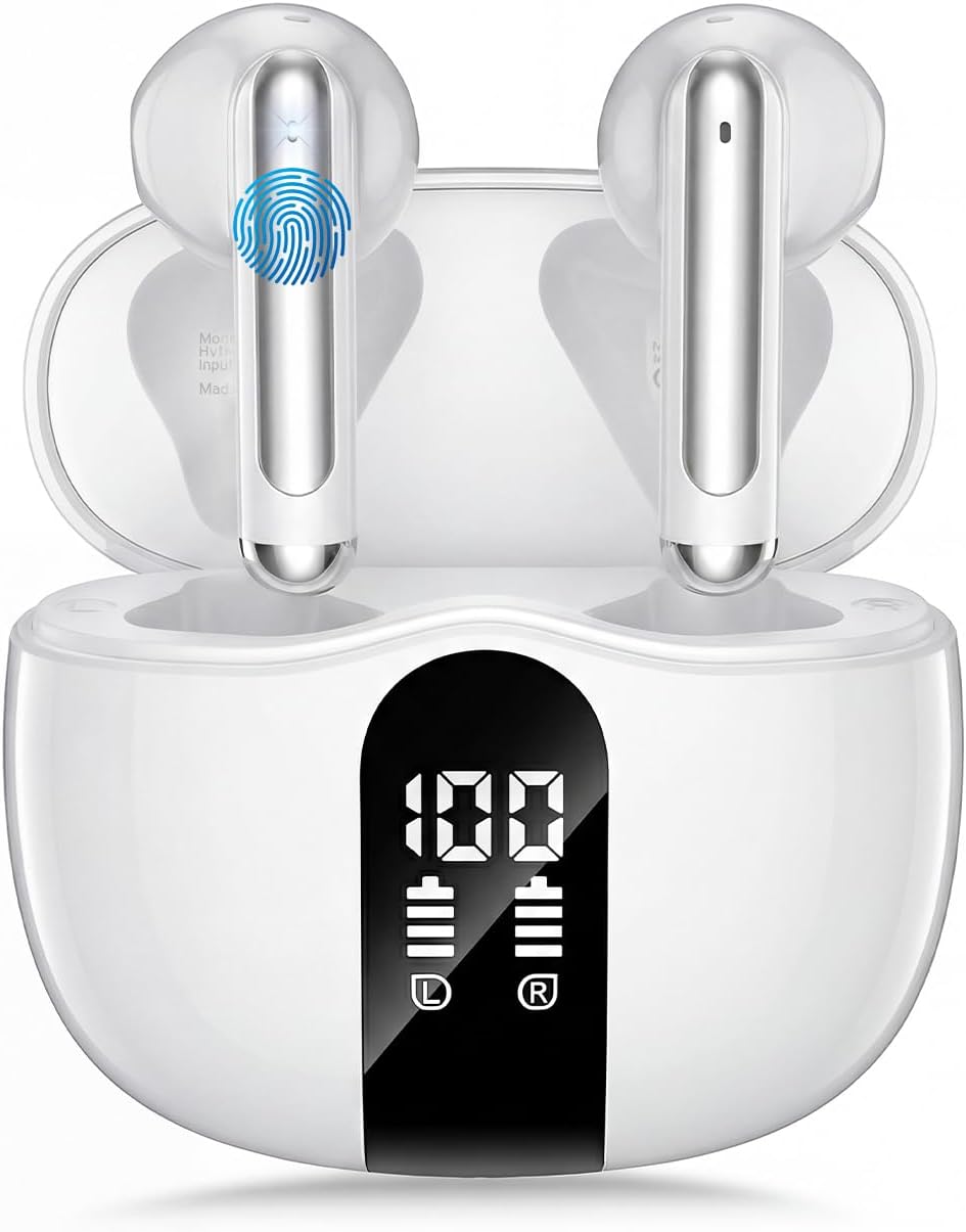 Wireless Earbuds, 2026 Bluetooth 5.4 Headphones Bass Stereo Ear Buds with Noise Cancelling Mic, LED Display in Ear Earphones 50H Playtime Ear Buds, IP7 Waterproof for Laptop Pad Phones Bright White
