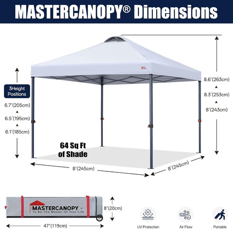 MASTERCANOPY 8x8 Durable Pop Up Canopy Tent with Roller Bag, White