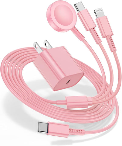 for Apple Watch Charger Fast Charging,3 in 1 Multi Chargers Cable with USB C Charger, iWatch Charger Cord 6FT for iWatch Series Ultra 3/2/SE 3/11/10/9/8/7/6/5/4/iPhone17 15 16 Pro Max/14/13/12/11-Pink