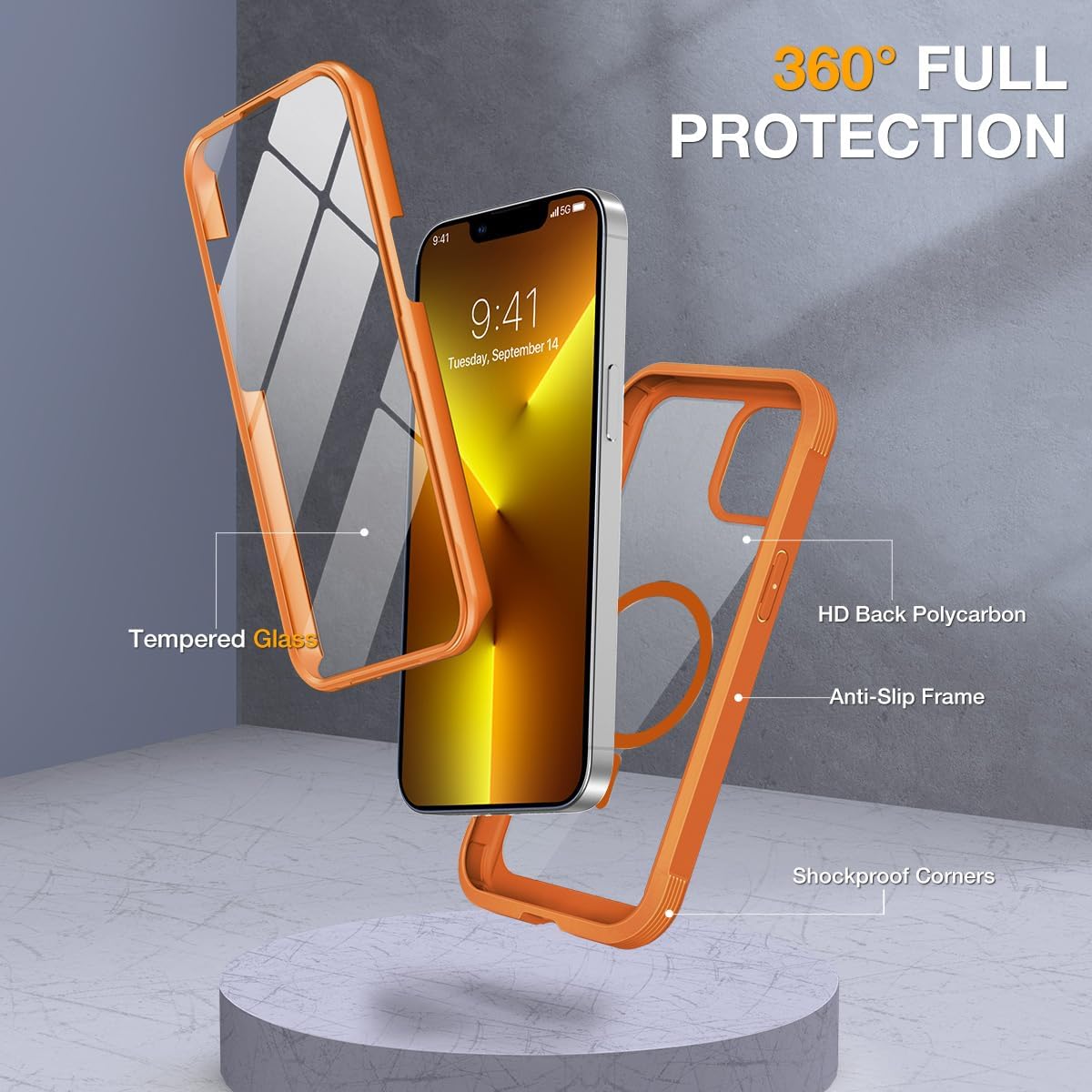 Miracase for iPhone 13 Pro Case 6.1",Built-in Glass Screen Protector,Orange