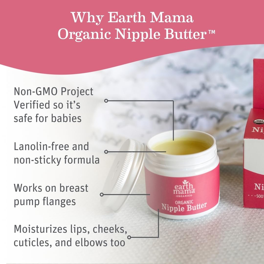 Organic Nipple Butter Breastfeeding Cream by Earth Mama | Lanolin-free, Safe for Nursing & Dry Skin, Non-GMO Project Verified, 2-Fluid Ounce (2-Pack) (Packaging May Vary)