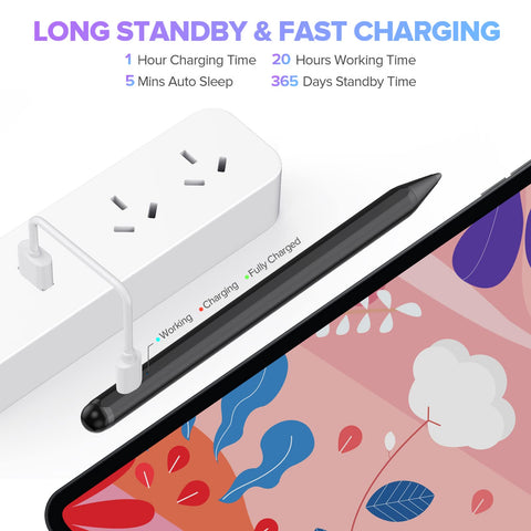 Stylus Pen 2X Fast Charge Active Pencil Compatible with 2018-2024 Apple iPad Pro 11"/12.9"/M4, iPad Air 3/4/5/M2, iPad 6-10, iPad Mini 5/6 Gen-Black