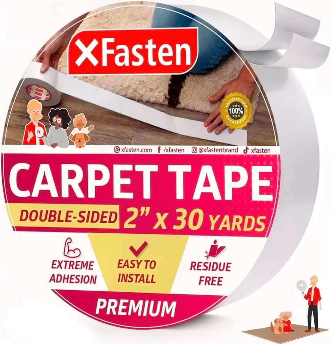XFasten Double Sided Carpet Tape for Area Rugs 2 Inch x 90 Ft No Residue