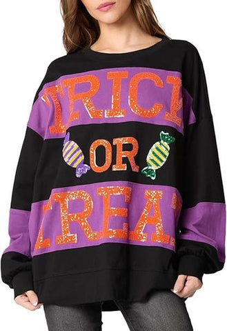 Pinclodly Halloween Sweatshirts for Women Sequin Color Block Crewneck Sweatshirts Long Sleeve Glitter Cute Sweatshirts