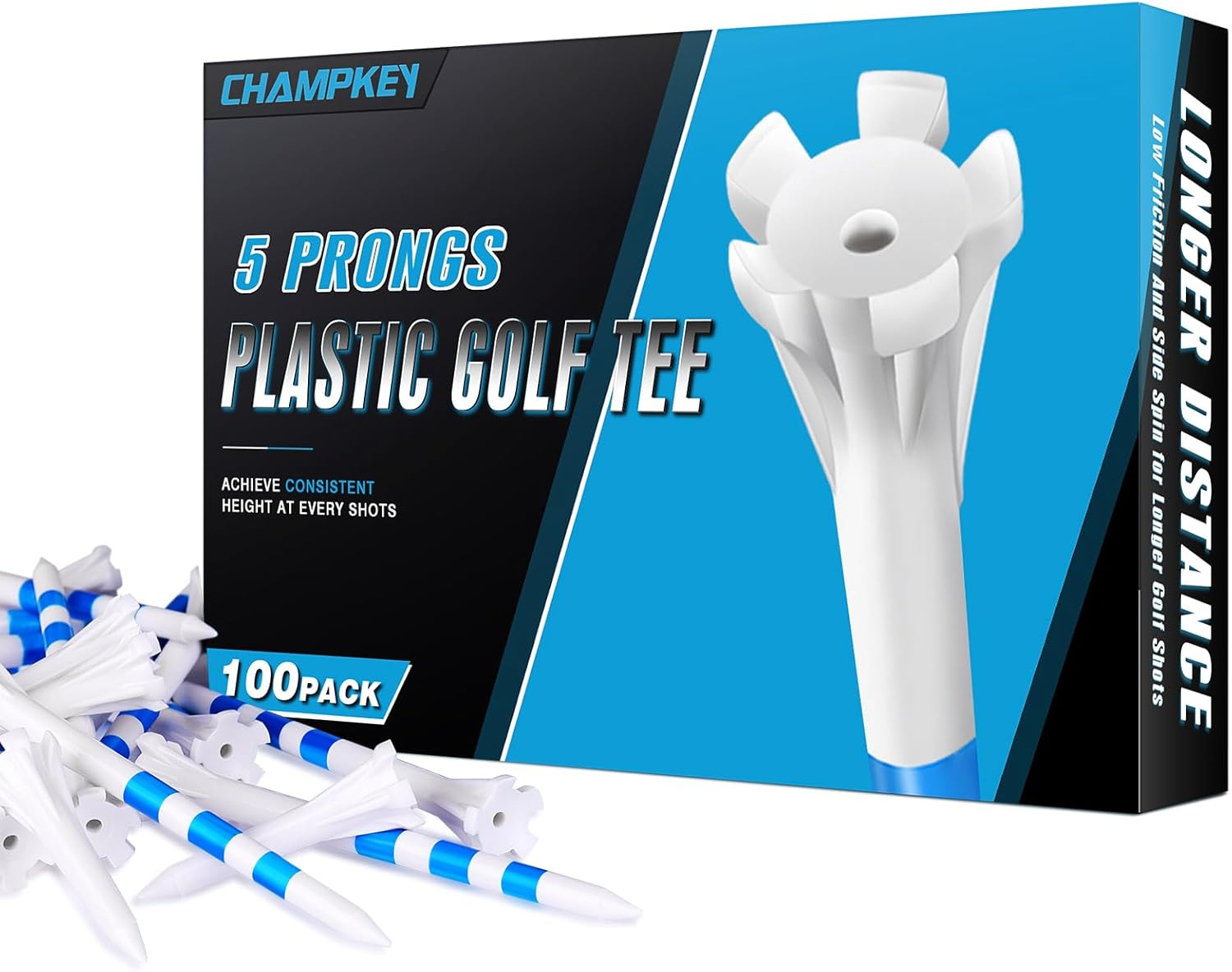 CHAMPKEY Advanced 5-Prong Plastic Golf Tees 120 or 100 Pack - 50% Ball Contact Surface Optimization with Longer Distance Performance Golf Tees Plastic