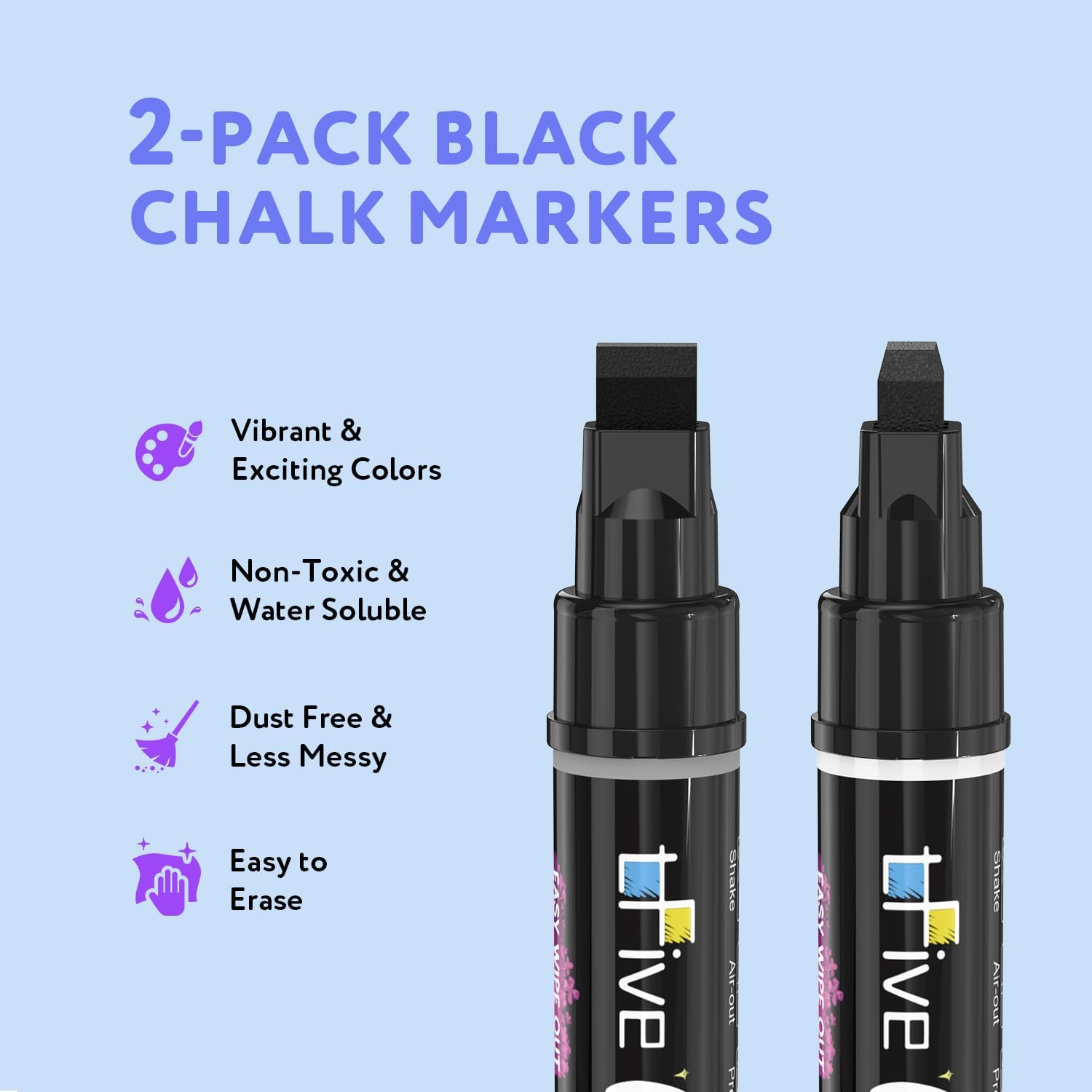 TFIVE Black Liquid Chalk Markers, 2 Pack Washable Chalkboard Markers