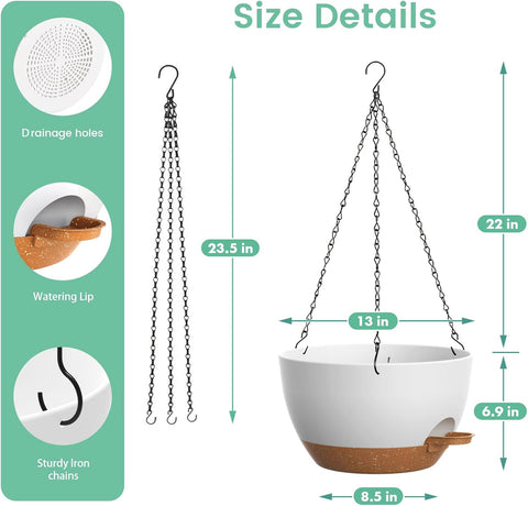 UOUZ 13 Inch 2 Pack Large Self Watering Hanging Planters for Indoor Outdoor Plants, Hanging Plant Pots with Removable 50 Oz Reservoir, Plastic Hanging Basket for Window Porch Garden, White with Brown