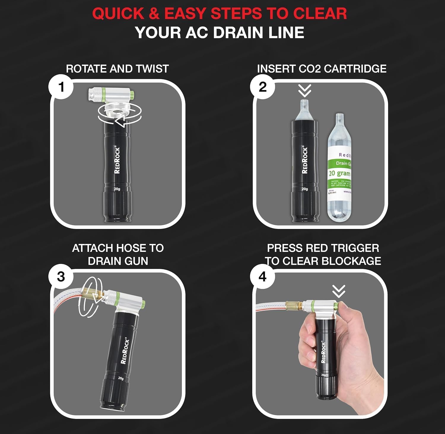 RedRock Gallo Drain Gun AC Drain Line Cleaner Tool, HVAC Air Conditioner Condensate Blaster Cleaning Kit with Flexible Hose Pipe, Includes 5 Unthreaded CO2 Cartridges, 20 Grams