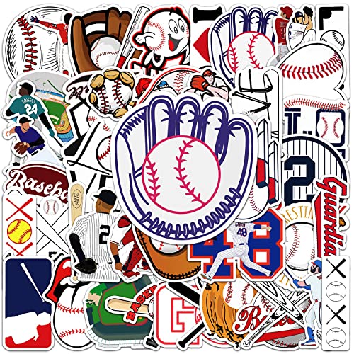 JOICEE 50pcs Baseball Stickers，Waterproof Vinyl Baseball Tattoos for Kids Teens Boys Adults, Sports Decals for Snowboard Laptop Water Bottles Hydro Flasks Phone Guitar Skateboard Computer