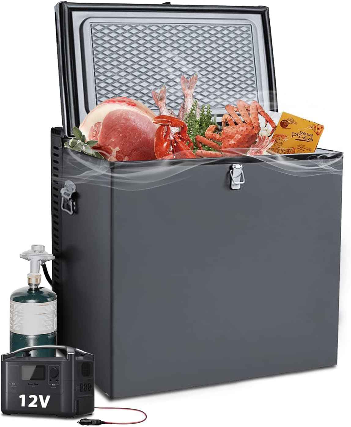 SMETA Propane Freezer, 2.4 Cu.Ft 3 Way Deep Chest Freezer Gas/110V/12V with Lock LPG AC/DC for Off Grid Cabin Outdoor Camping RV Garage Black
