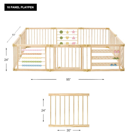 ZETY Natural Wood Baby Playpen with Play Mat, 10 Panel Play Yard Set