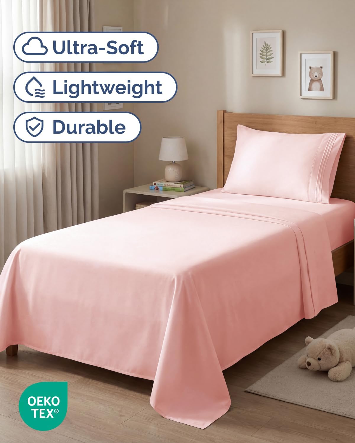Twin Size 3 Piece Sheet Set - Comfy Breathable & Cooling Sheets - Baby Pink