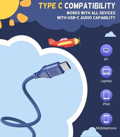 Cowyawn USB Type C Kids Headphones for School, Wired Toddler Headphones, 94dB Volume Limited, HD Stereo Sound, Foldable Lightweight On-Ear Wired Headphones for Kids/Children/Teens/Boys (Dark Blue)