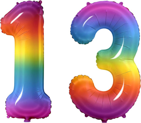 Number 13 Balloons for 13th Birthday Party Decorations, 0-100 Large No.13 Balloons for Girls Boys and Daughter Son, 40 Inch Rainbow Foil Helium Balloon for 13 Year Old Anniversary Decorations