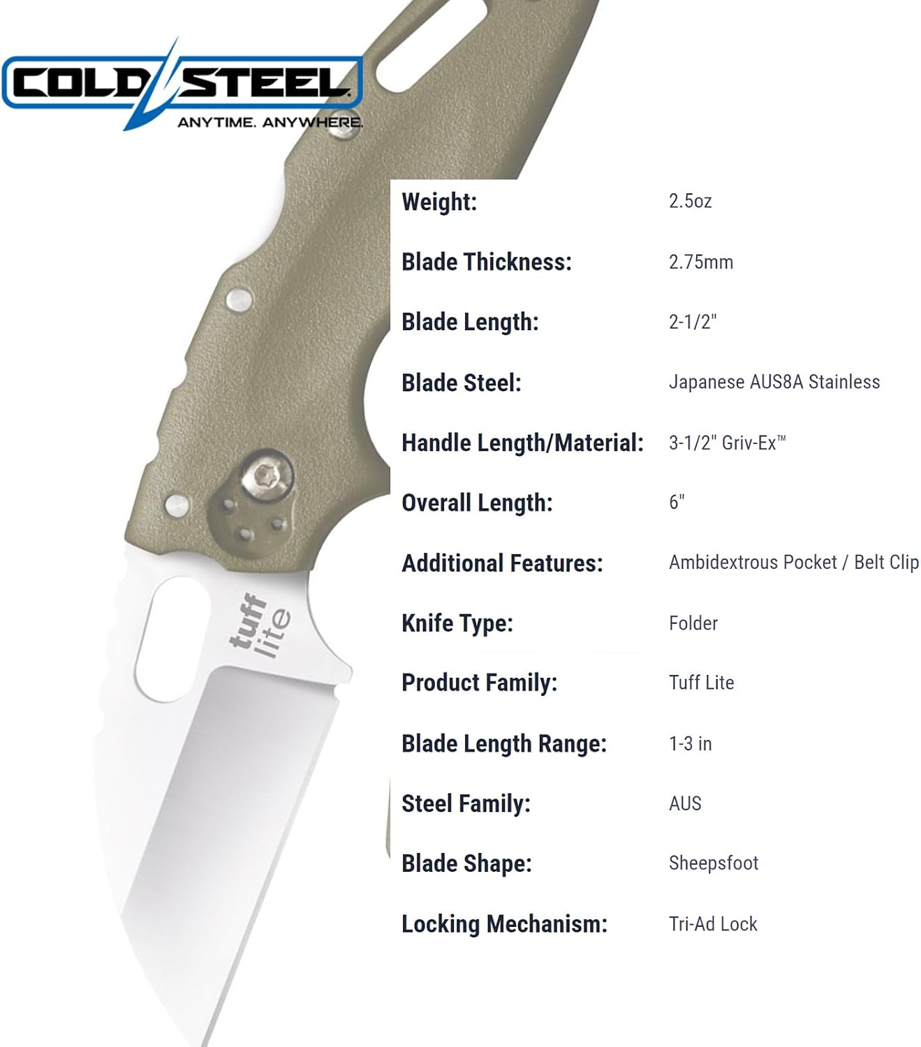 COLD STEEL Tuff Lite 2.5" AUS8A Sheepsfoot Razor-Sharp Plain Blade 3.5" Griv-Ex Handle Pocket Folding Knife