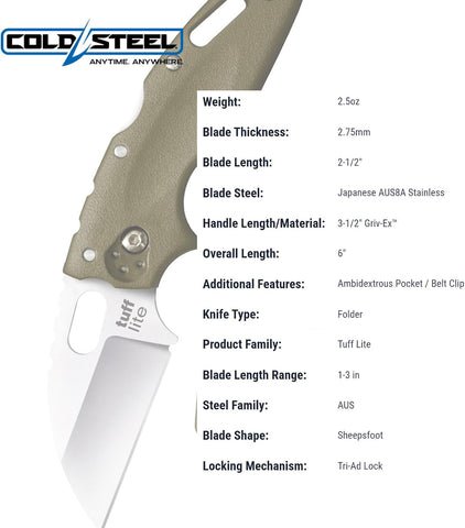COLD STEEL Tuff Lite 2.5" AUS8A Sheepsfoot Razor-Sharp Plain Blade 3.5" Griv-Ex Handle Pocket Folding Knife