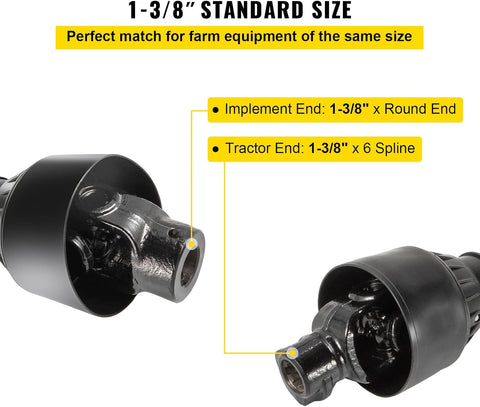 VEVOR PTO Shaft, 1-3/8" PTO Drive Shaft, 6 Spline Tractor End and Round Implement End PTO Driveline Shaft, Tractor PTO Shaft, 30"-39" Brush Hog PTO Shaft Black, for Finish Mower, Rotary Cutter