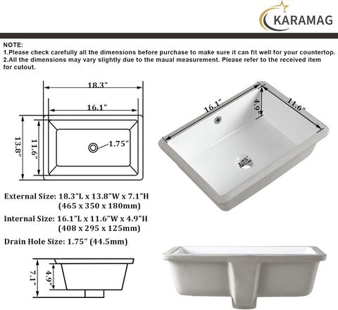 18 Inch Undermount Bathroom Sink Small Rectangle Undermount Sink White Ceramic Under Counter Bathroom Sinks with Overflow (18.3"x13.8")