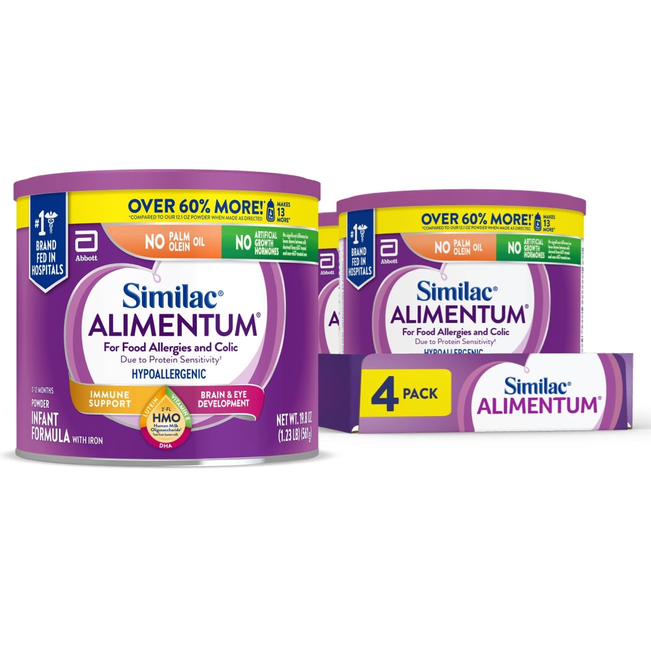 Similac Alimentum with 2’-FL HMO Hypoallergenic Infant Formula, for Food Allergies and Colic, Suitable for Lactose Sensitivity, Baby Formula Powder, 19.8-oz Value Can, Pack of 4