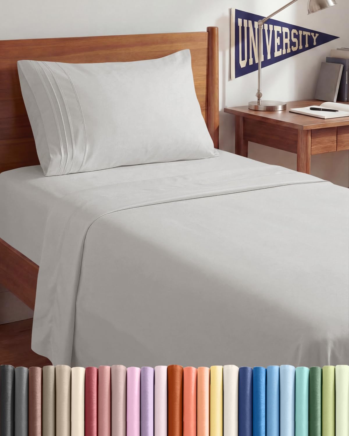 Twin XL 3 Piece Sheet Set - College Dorm Room Essentials - French Grey