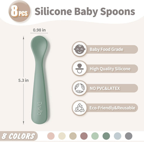 DRKIO 8 Pcs Silicone Baby Spoons Infant Utensils for First Stage Feeding