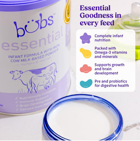 Bubs Essential Infant Formula, with Iron, Cow Milk-Based Powder, for Infants 0-12 Months, Made with Non-GMO Milk, 20 oz