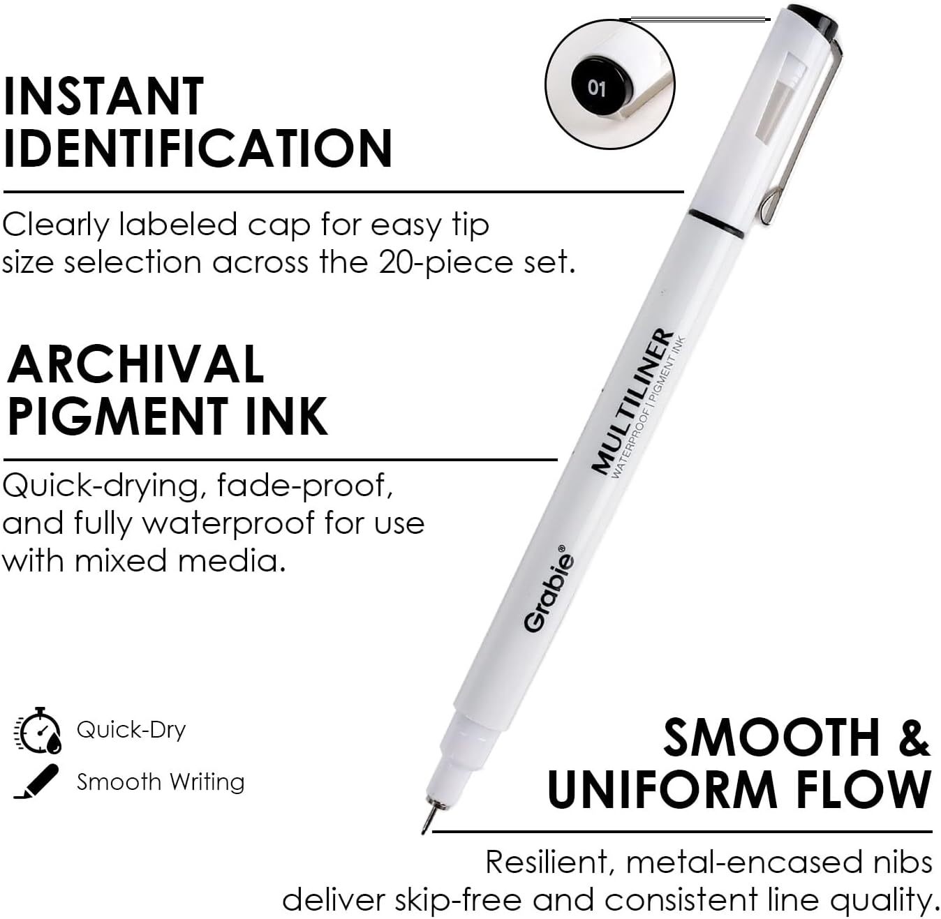 Grabie Micro Fineliner Pens, 6 Black Waterproof Drawing Pens