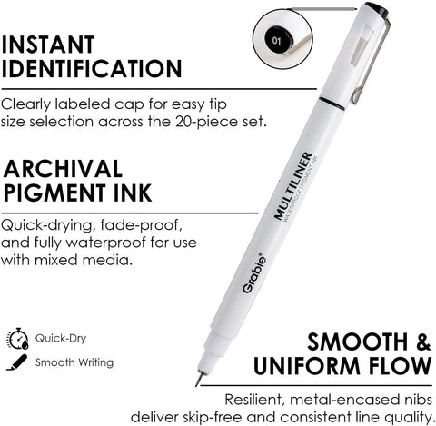 Grabie Micro Fineliner Pens, 6 Black Waterproof Drawing Pens