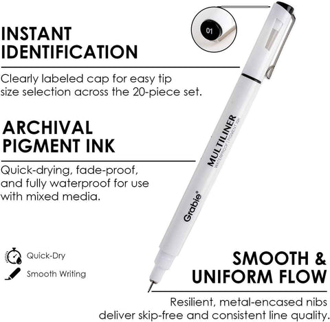 Grabie Micro Fineliner Pens, 10 Multicolor Waterproof Drawing Pens