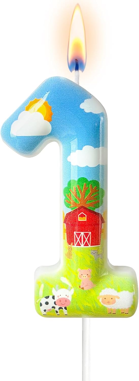 Farm Theme Number 1 Birthday Candle, Barnyard Cake Topper for Boys Girls, Farm Party Cake Decoration