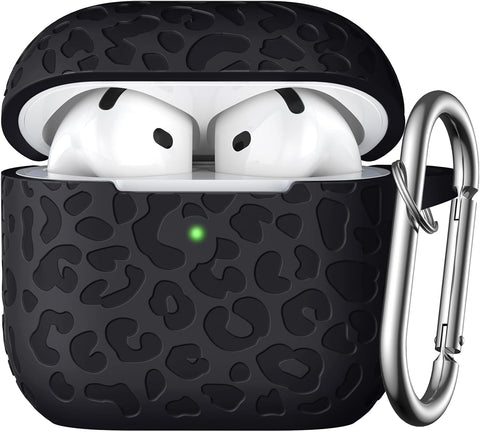 Leopard Engraved for AirPods 4 Case Cover 2024,Soft Silicone Protective Case Compatible with Apple AirPods 4th Generation Case for Women,Cute AirPod 4 Case Accessories with Keychain (Black)