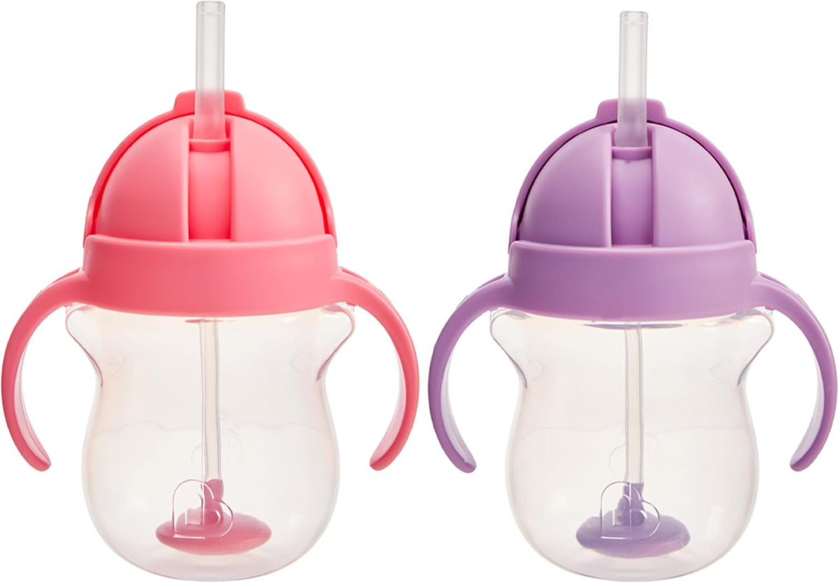 Munchkin Any Angle Sippy Cups for Toddlers, Spill Proof Weighted Straw Cup with Transition Handles for Babies 6 Months and Up, 7 Ounce, 24 Pack, Pink/Purple