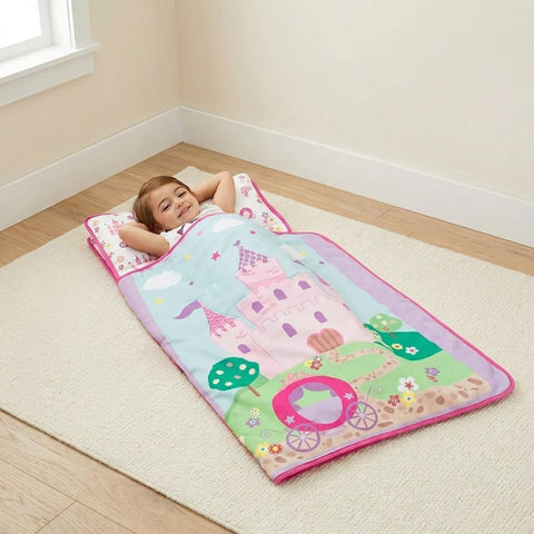 EVERYDAY KIDS Toddler Nap Mat with Removable Pillow -Princess Storyland- Carry Handle with Fastening Straps Closure, Rollup Design, Soft Microfiber for Preschool, Daycare, Sleeping Bag -Ages 2-6 years